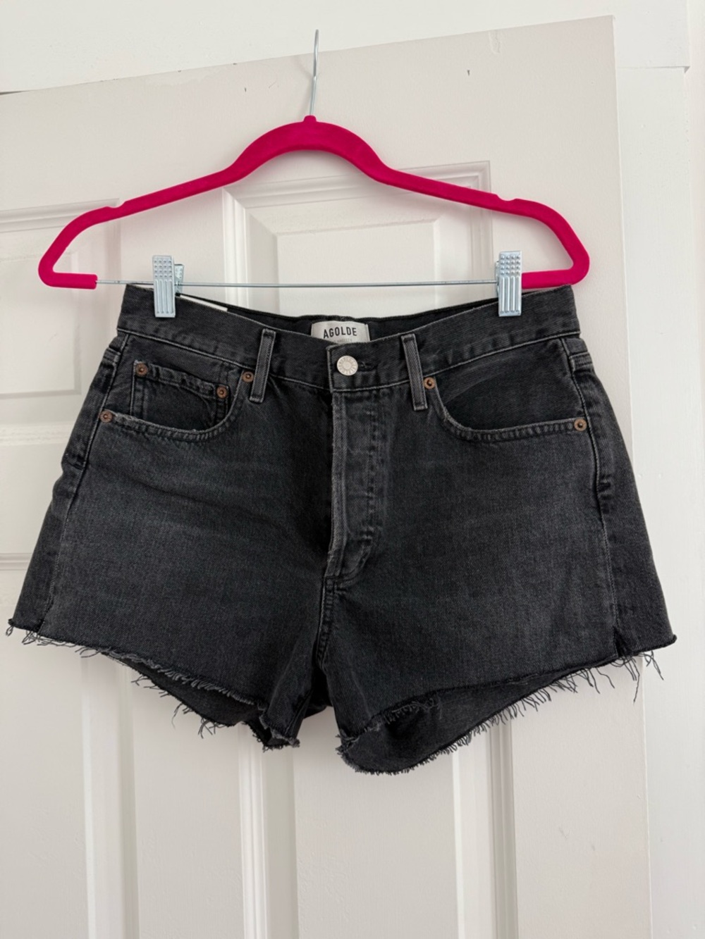 Agolde Black High-Rise Raw-Hem Denim Shorts. Never been worn